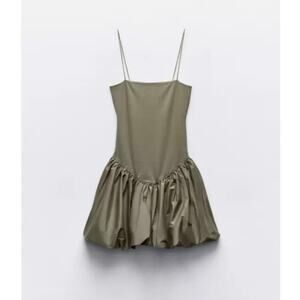 Zara Olive Green Spaghetti Strap Bubble Hem Mini Dress